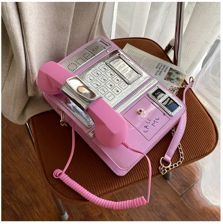 

Brand Designer Cute Bag Large Telephone Shape Bag Crossbody Bags Chains Funny Women's Pu Leather Women Bag Fashion Messenger Bag