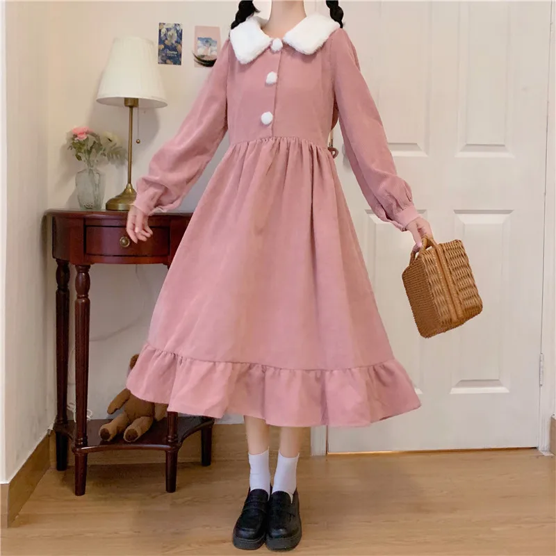 

Japanese Sweetheart Preppy Style Sweet Elegant Dress Kawaii Plush Peter Pan Collar Full Sleeve Folds Ruffles Corduroy Dresses