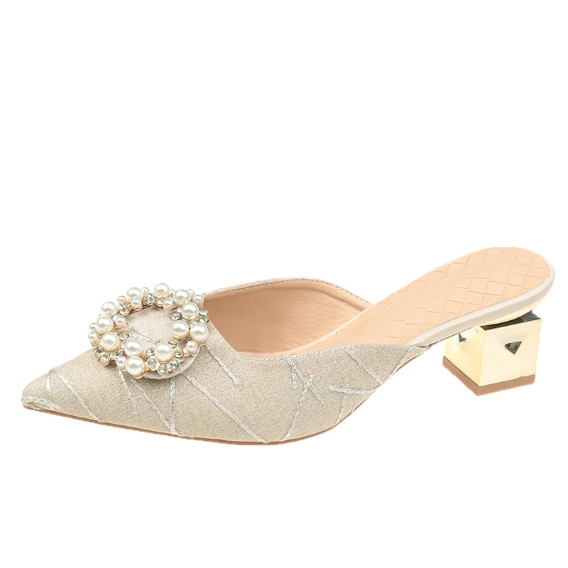 

Cover Toe Ladies' Slippers 2021 Shoes Square Heels Pu Luxury Slides Slipers Women Shallow High Heeled Mules Pointed Toe Designer