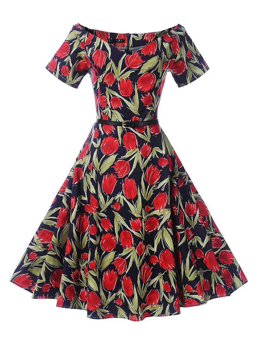 SALE 90s Style Floral Print Dress 2021 Summer A Line Sexy Off Shoulder Flower Vestido Women Retro Pin Up Slash Neck | Женская одежда