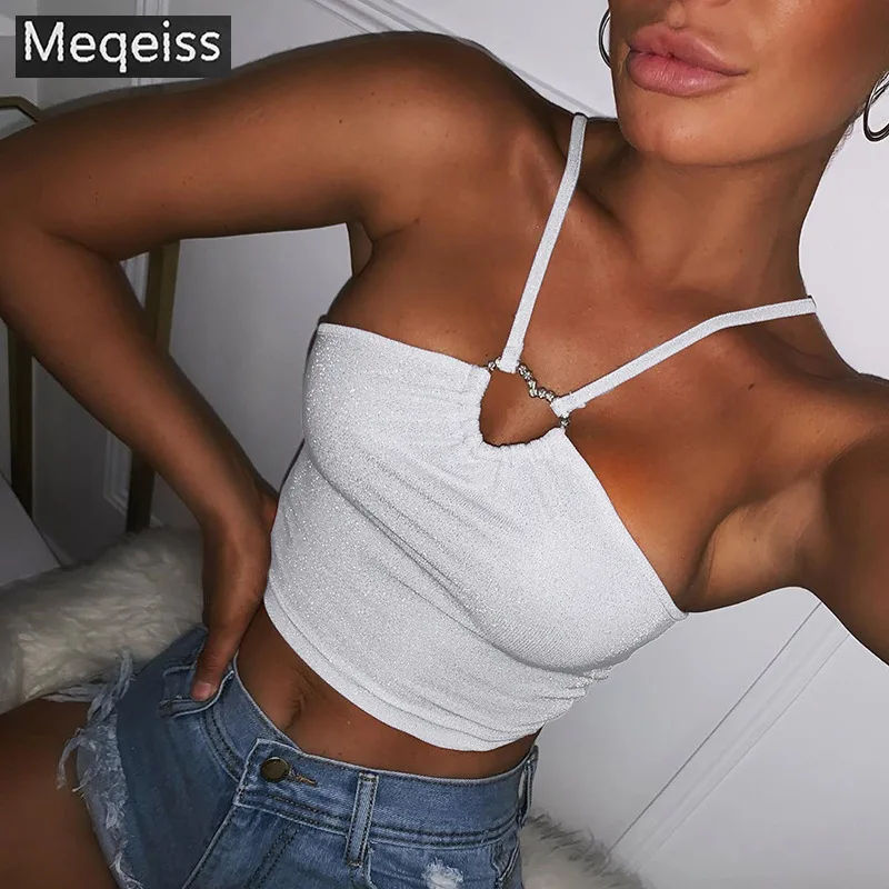 

Meqeiss 2020 новые пикантные блестящие укороченные топы с лямкой на шее, Женский праздничный Топ без рукавов с открытой спиной, укороченный женск...