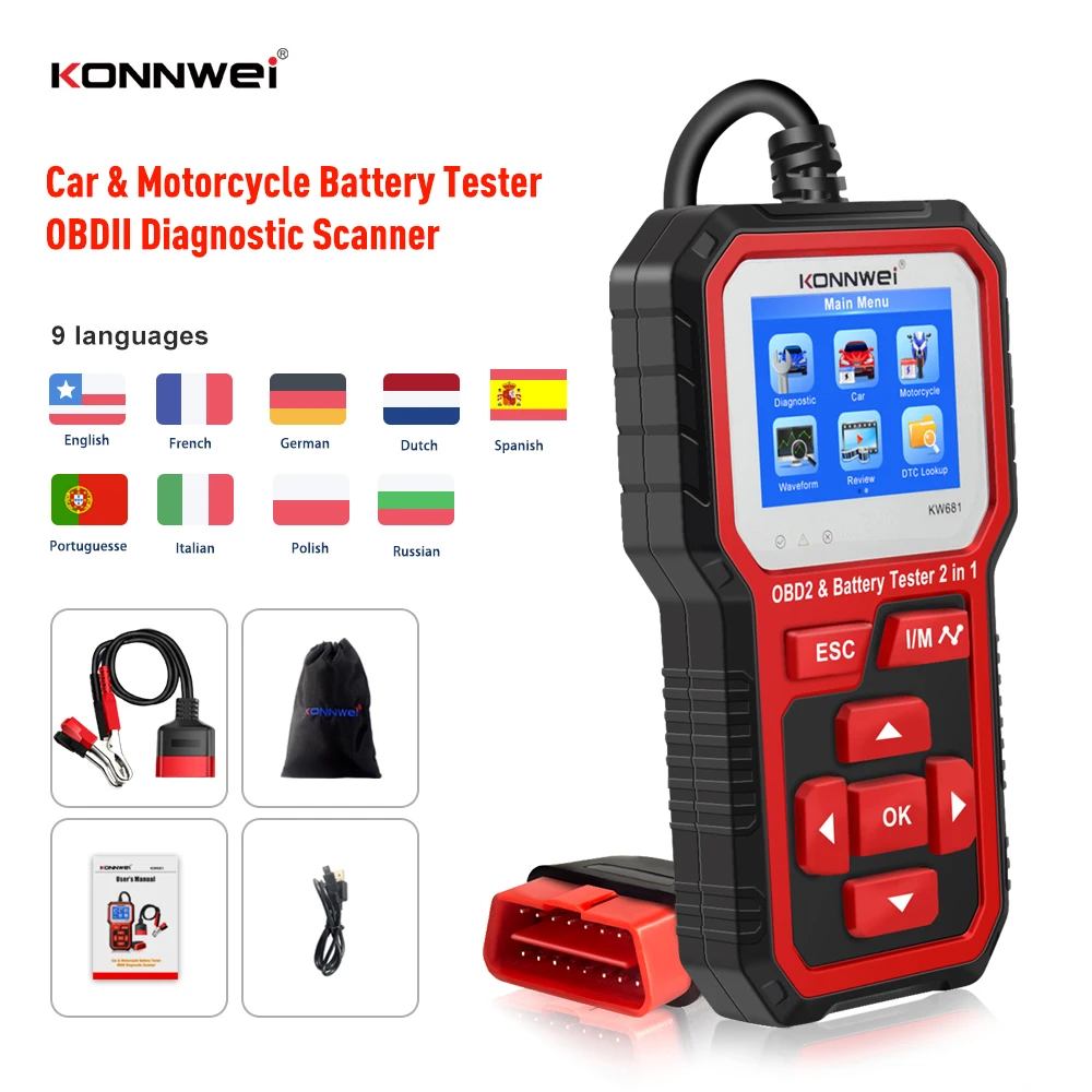 

New KONNWEI KW681 6V 12V Car Motorcycle Battery Tester Auto Diagnostic Tool 2 in1 2000 CCA Auto OBD2 Code reader Scanner