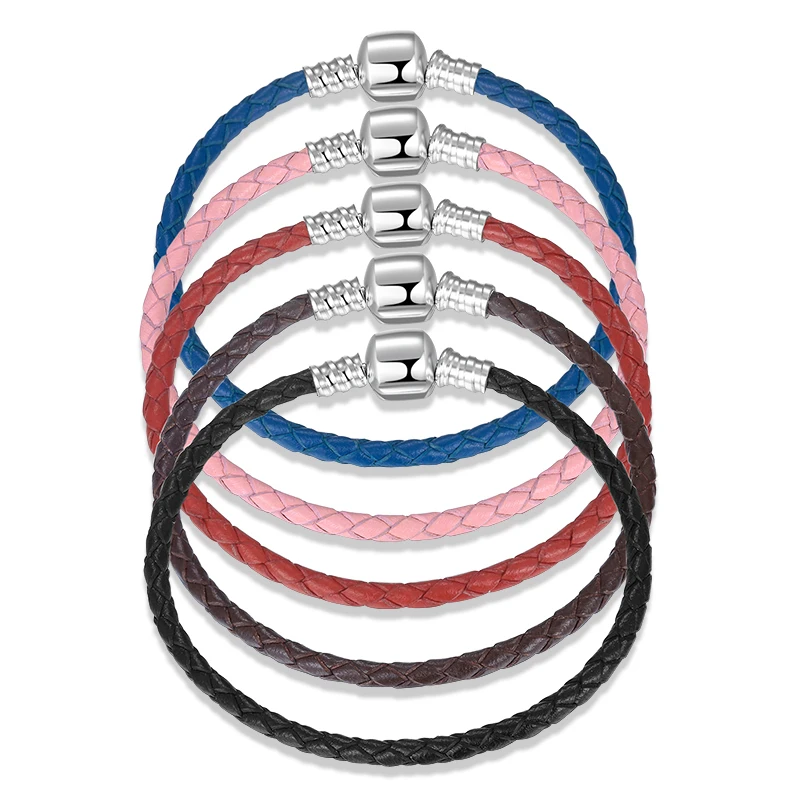 

New 925 Sterling Silver Beads with Leather Bracelet for Women Men Fashion Black Blue Brown Hand-woven Bracelet Fine Jewelry