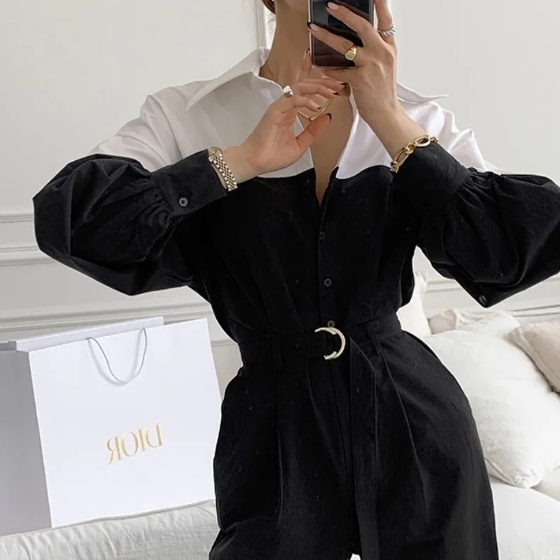 

2021 spring Jumpsuits Elegant women Color contrast Long Lantern sleeve Sashes Romper Female Jumpsuits