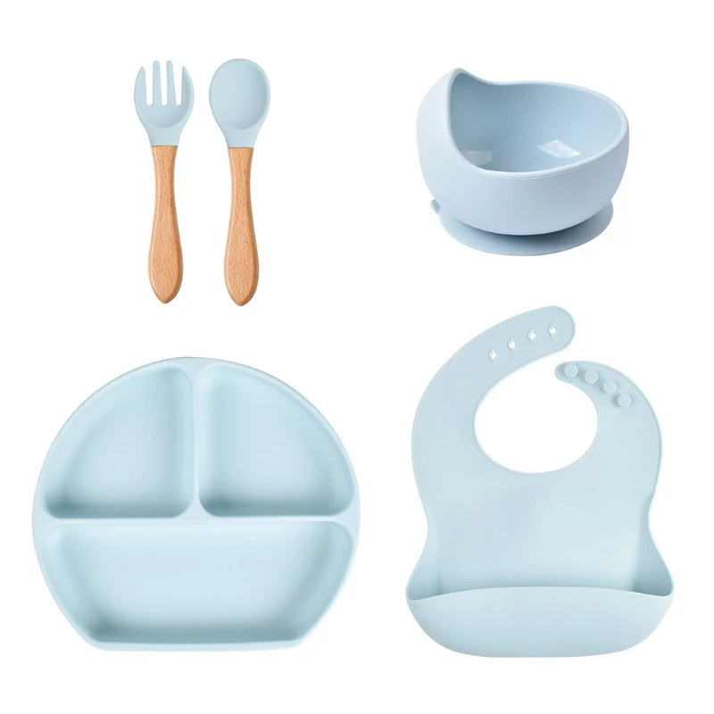 

J2FF 5 Pcs Baby Silicone Bibs Divided Dinner Plate Sucker Bowl Spoon Fork Set Training Feeding Food Utensil Dishes Tableware Kit