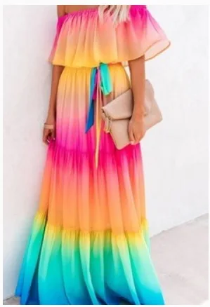 

Wrapped Chest Gradient Printed Dresses Lady Floor-Length Off Shoulder Dress Bohemian Dress Lace-up Strapless Dress for Women