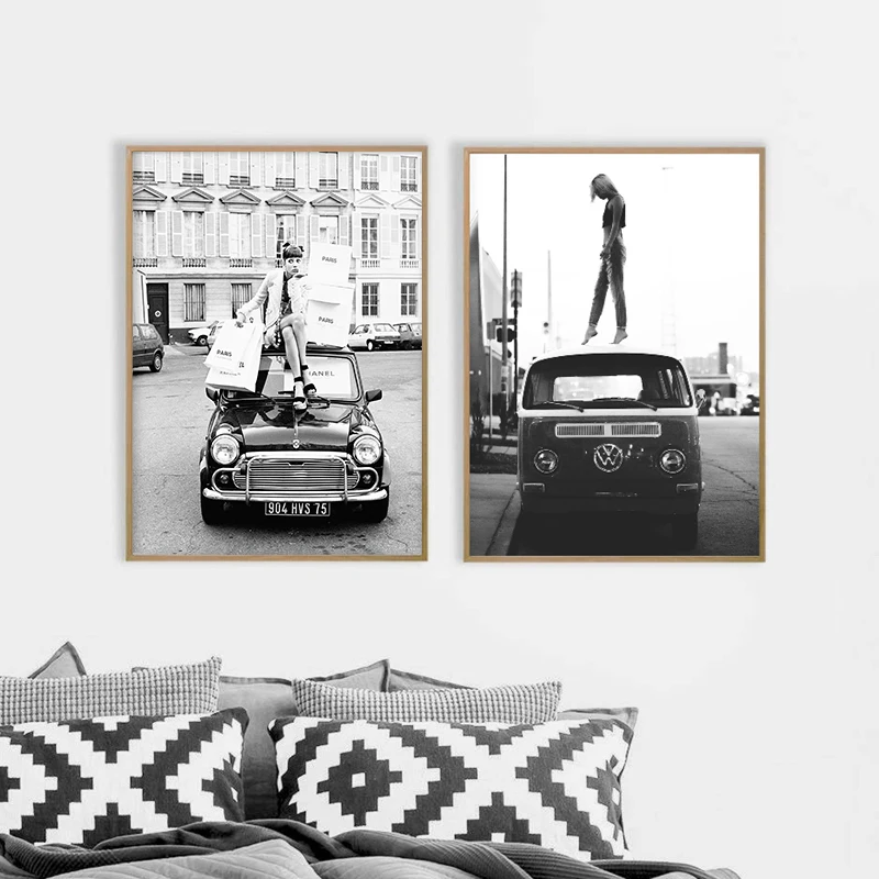 

Fashion Retro Style Black White Throwback Photo Posters Vintage Street wall Art Canvas Painting Car Girl Pictures Home Decor