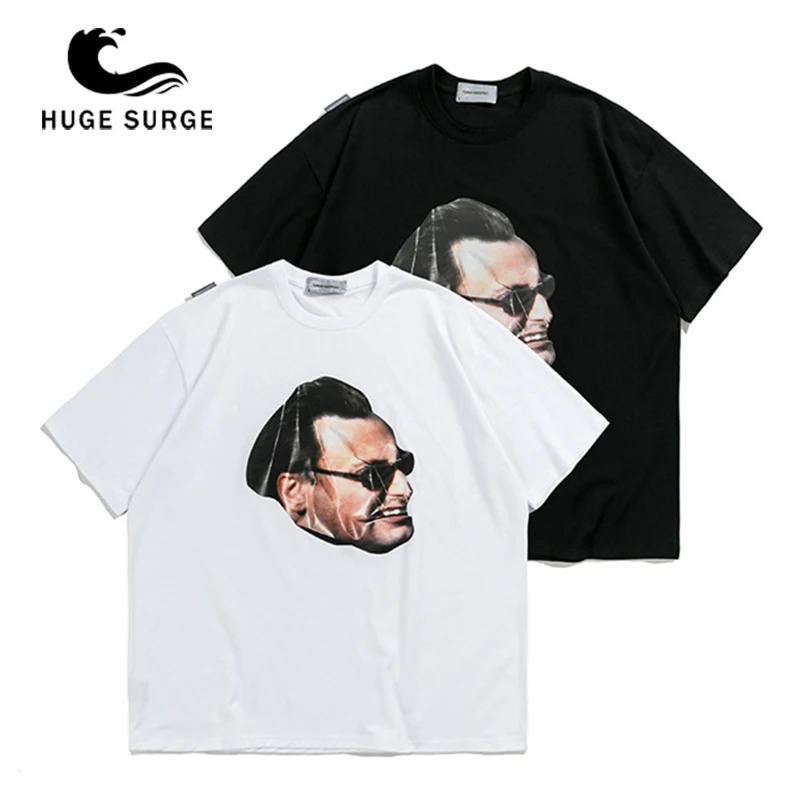 

HUGE SURGE European Popular Logo Cotton Round Collar Men T-shirt Male Head Print Short Sleeve T-shirt Funny Printed Tops Tees
