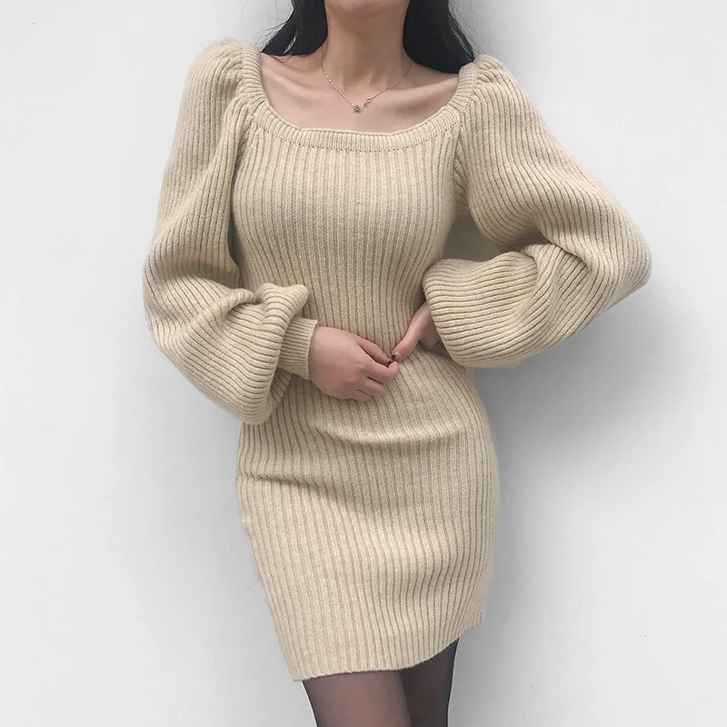 

Elegant Khaki Knitted Dress Women Autumn Winter Sexy Square Collar Long Puff Sleeve Slim Dresses Ladies Fashion Long Sweater