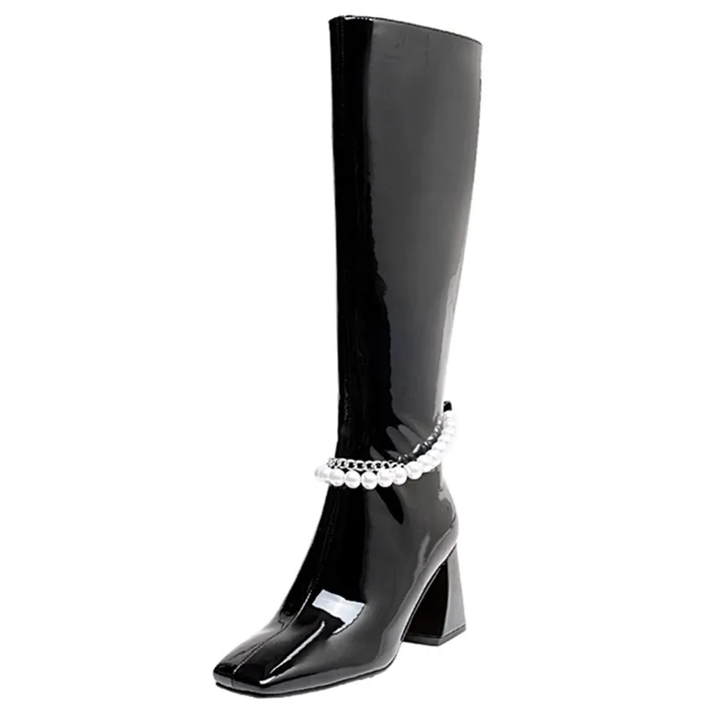 

Cow Patent Leather Pearl Chain Thick Heel Knee-High Boots Women Shoes Fall Winter Shiny Square Toe 7.5cm Back Zip Botas Feminina