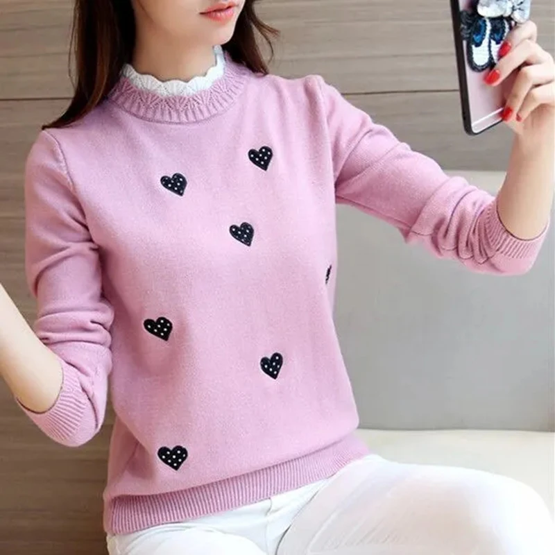 

All-matchheart Embroidery Fake Two Pullover Sweater Women Fashion Basic Long Sleeve Knitted Sweater Casual Loose Women Clothing