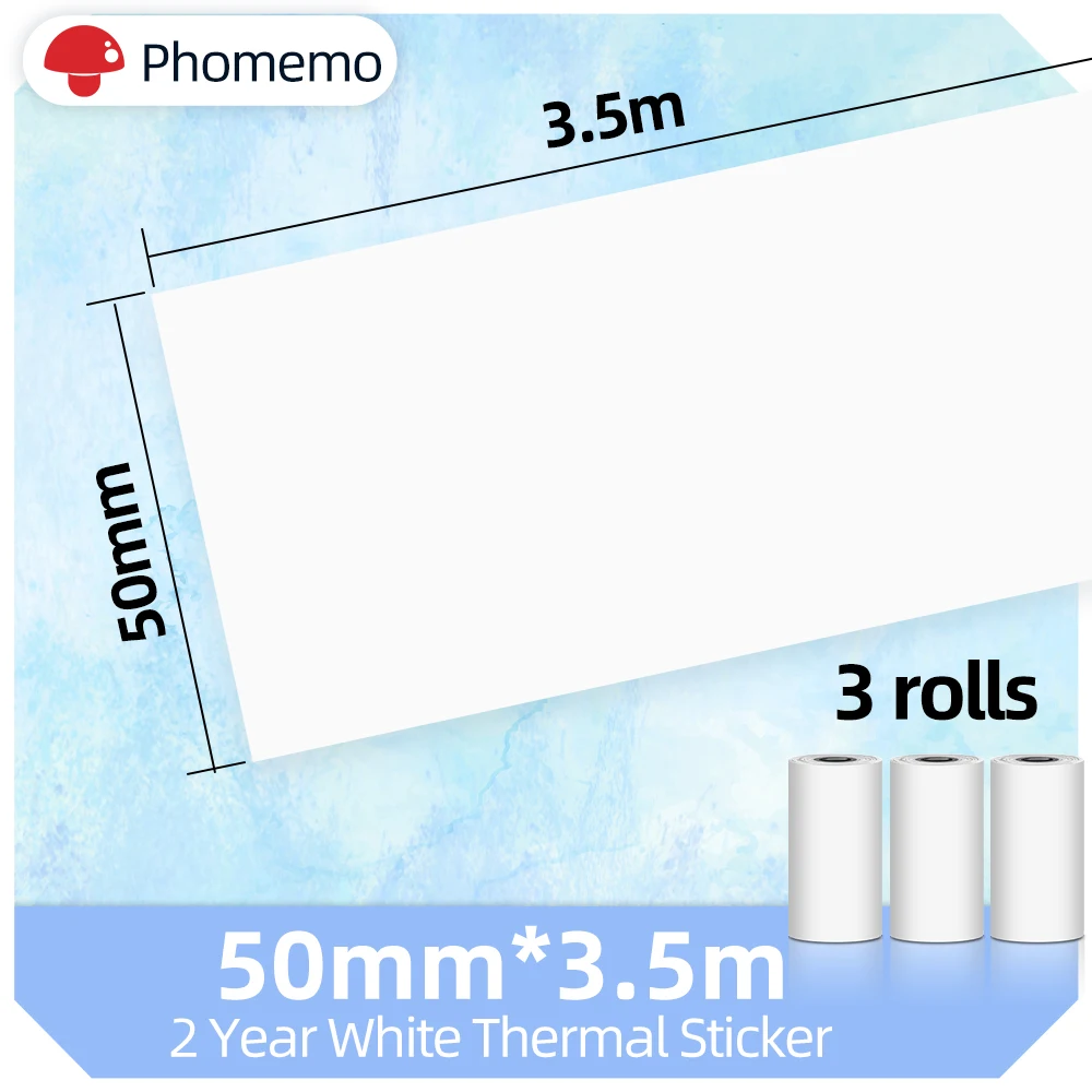 

Самоклеящаяся термобумага Phomemo, 3 рулона, 2 года, черная на белом, не содержит Бисфенол А, 50 мм * 3,5 м, наклейка для серии M02