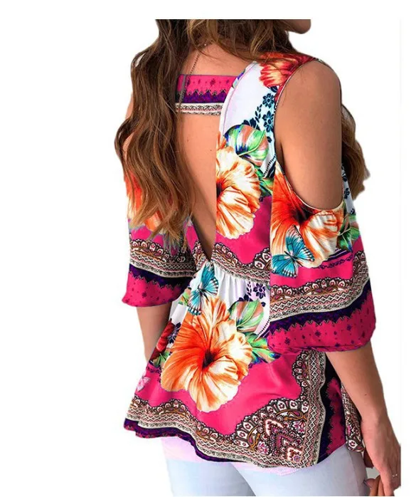 

Fashion Sexy V-Neck Hollow Strapless Backless Irregular Printing Women's T-Shirt Tops Summer Arrivals Casual Street Hipster Tops