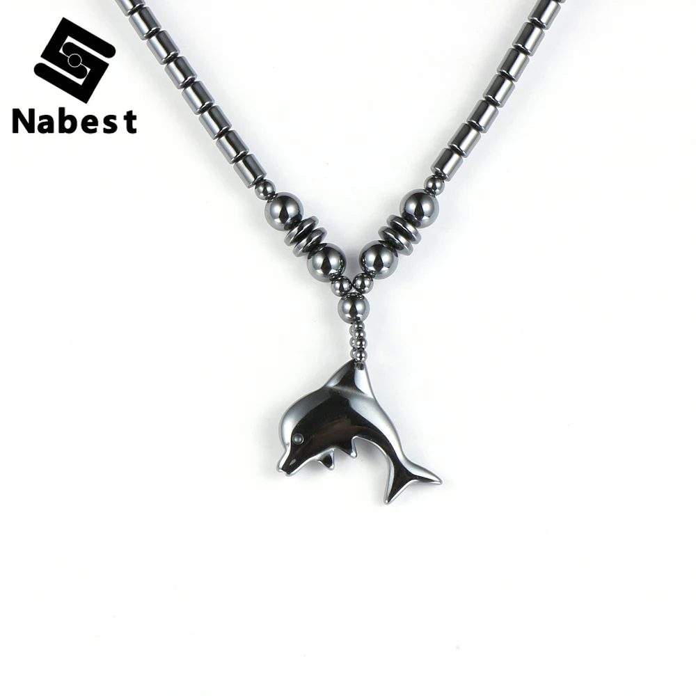 

Men Women Black Hematite Dolphin Pendant Necklace Animal Charm Clavicle Chain Copper Screw Buckle Natural Stone Choker Jewelry