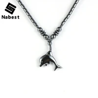 men women black hematite dolphin pendant necklace animal charm clavicle chain copper screw buckle natural stone choker jewelry