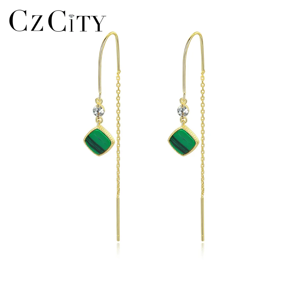 

CZCITY Gold Plated 925 Sterling Silver Tassel Drop Earrings for Women Square Emerald Malachite Long Chains Trendy Party Bijoux
