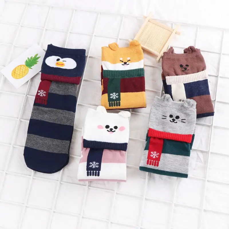 5 пар женские носки до лодыжки с объемными ушками Мультяшные животные в полоску