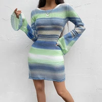 striped knitted backless dresses sexy elegant party dress streetwear long sleeve mini dress fashion autumn new bodycon dress