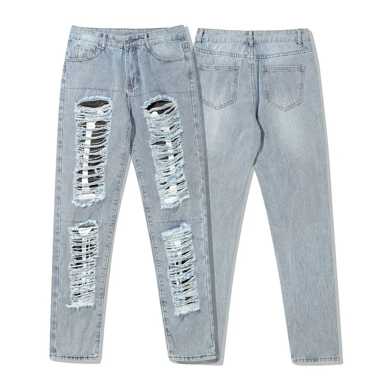 2022 Smiley Face Embroidery Hole Ripped Retro Men Hip Hop Slim Jeans Trousers Punk Male Denim Pants New Fashion Pantalon Homme