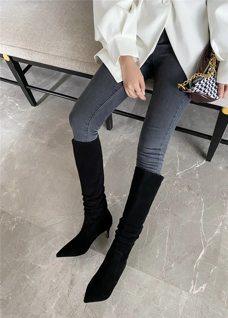 

Sexy Pointed Toe Thin Heel Apricot Black Plus Velvet Long-tube Woman Boots Cow Suede High Heel Western Boots 2021 New Arrival