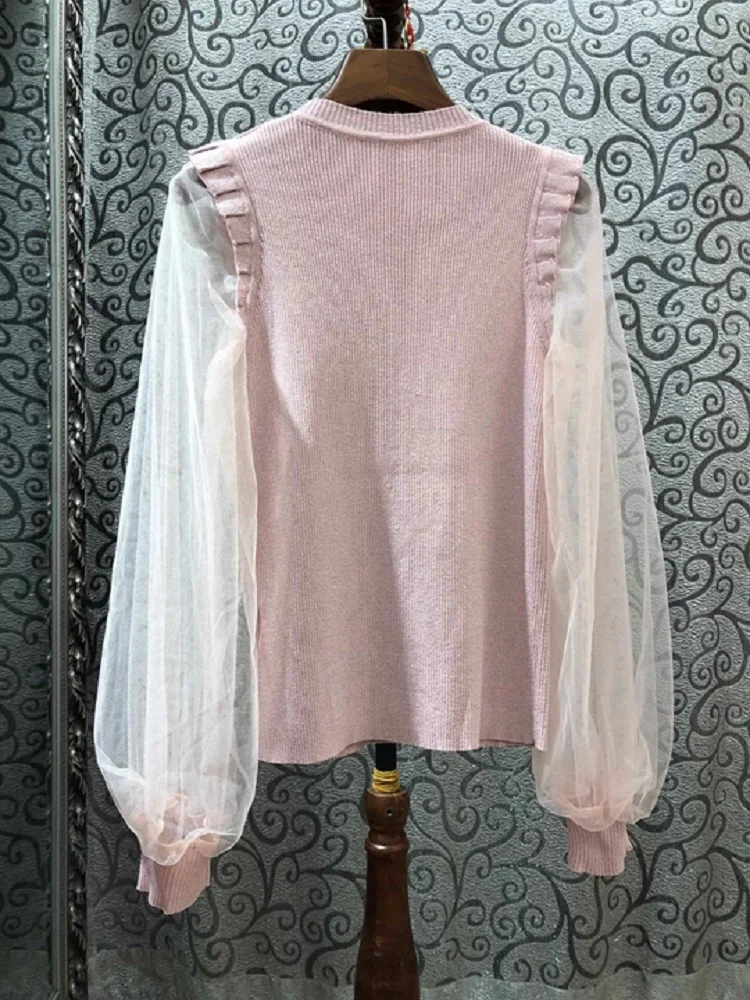 

Quality Pullovers High 2021 Spring Fashion Tops Women Sexy Sheer Mesh Patchwork Long Sleeve Knitted Sweaters Ladies Pink Jumper