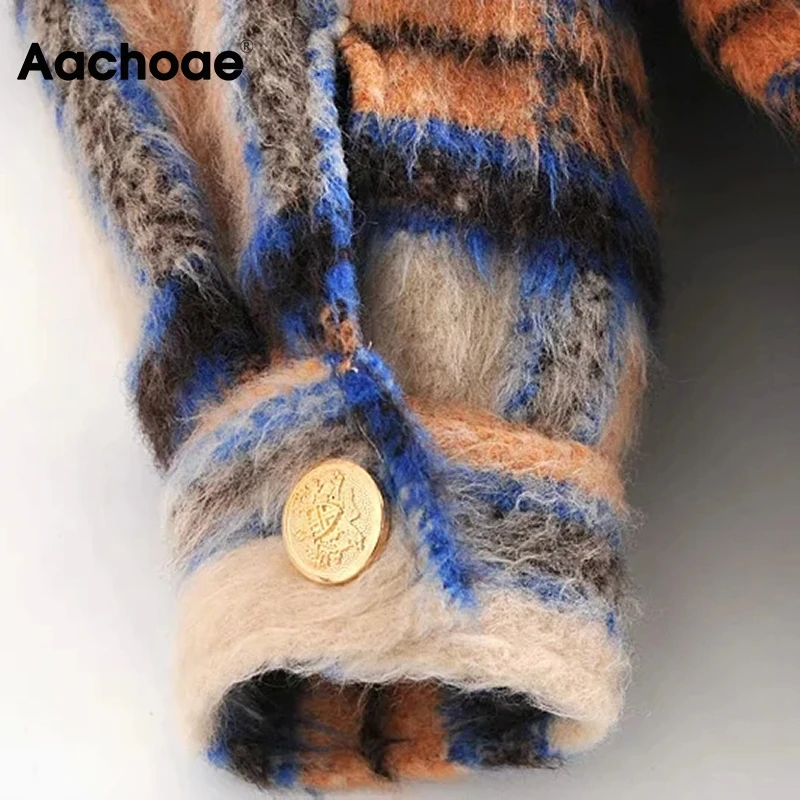 

Aachoae Fashion Winter Woolen Shirt Jacket Women Plaid Long Sleeve Loose Coat Turn Down Collar Vintage Pockets Outerwear