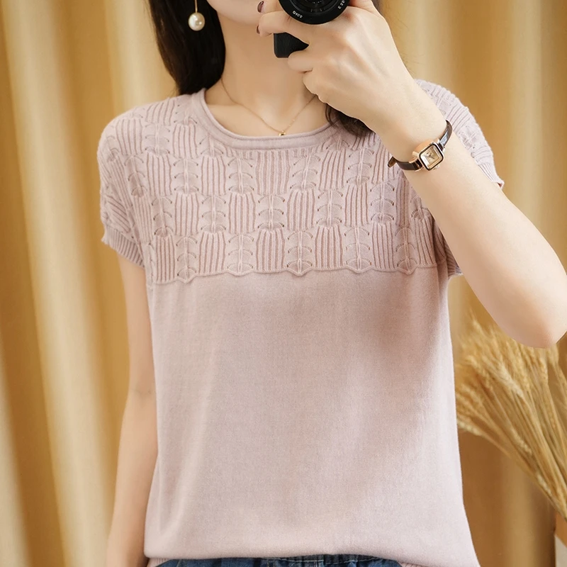 

Cotton short-sleeved women's 2021 new knit sweater top half-sleeved crochet hollow vest women's o-neck loose short