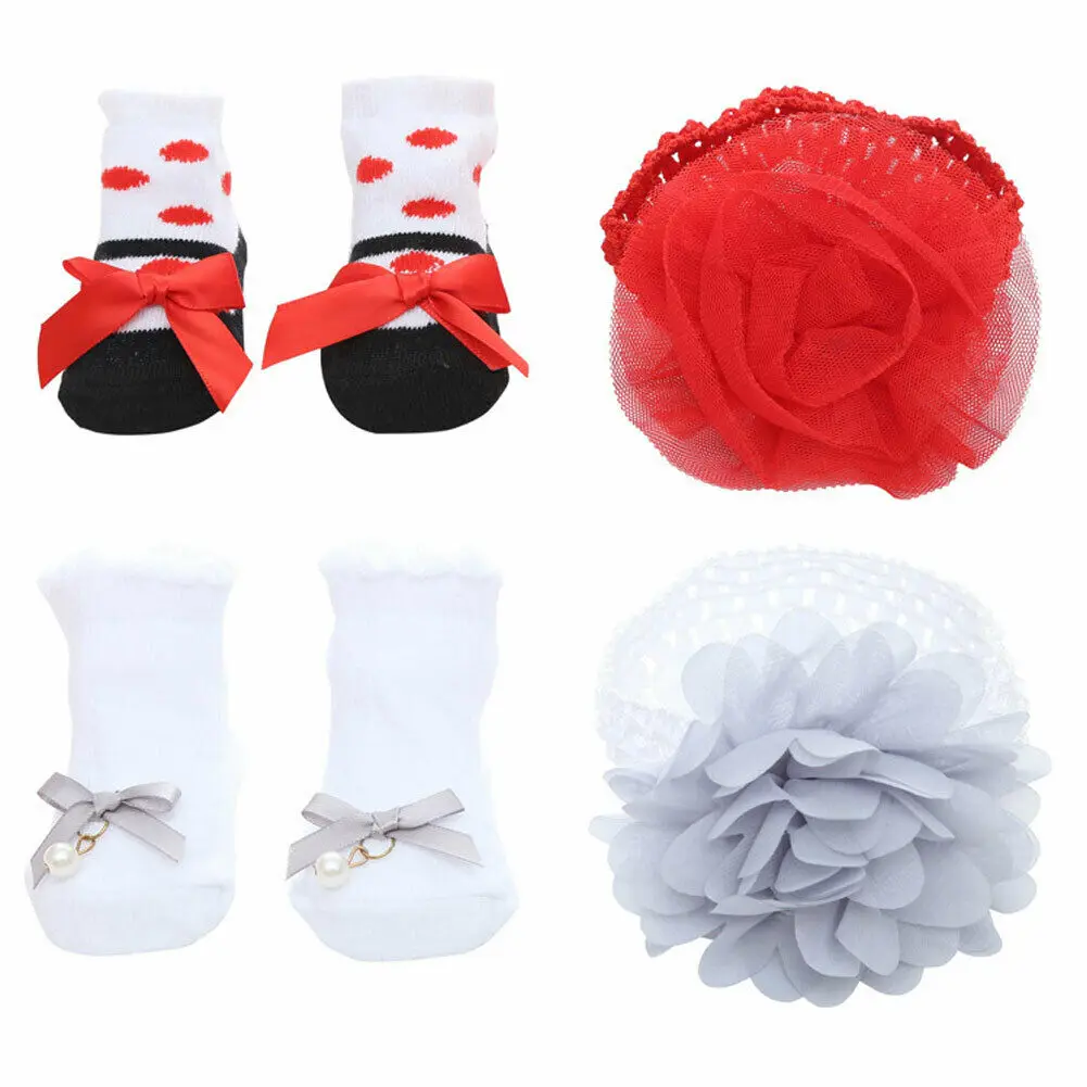 1Set Newborn Socks+ Headband Baby Bows Hair Band Infant Lace Soft Girl Socks Cotton Anti Slip meia infantil |