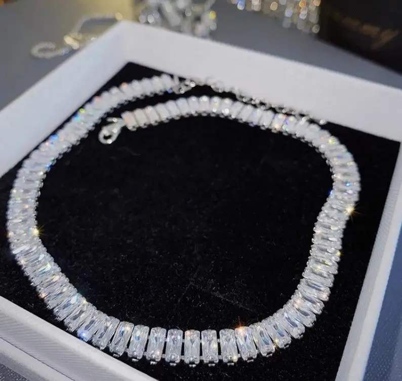 

Iced out Bling Square Baguette Cubic Zirconia CZ tennis chain Choker Necklace women hip hop Wedding Engagement jewelry wholesale