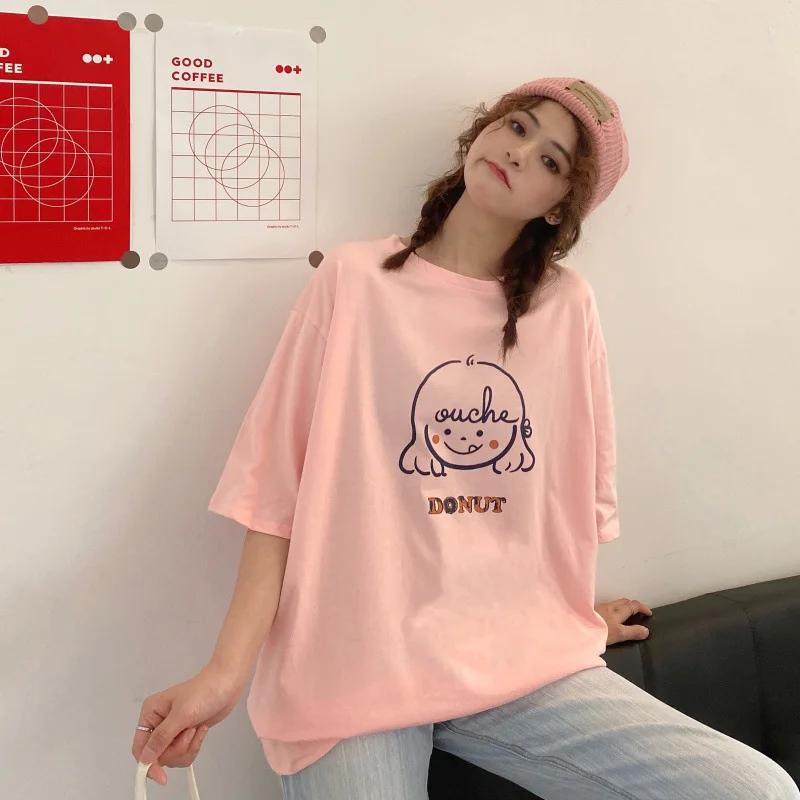

CGC Kawaii Anime Print Cotton Summer Woman T-shirts Simple Korean Style Oversized T-shirt Short Sleeve Female Top Harajuku Tee