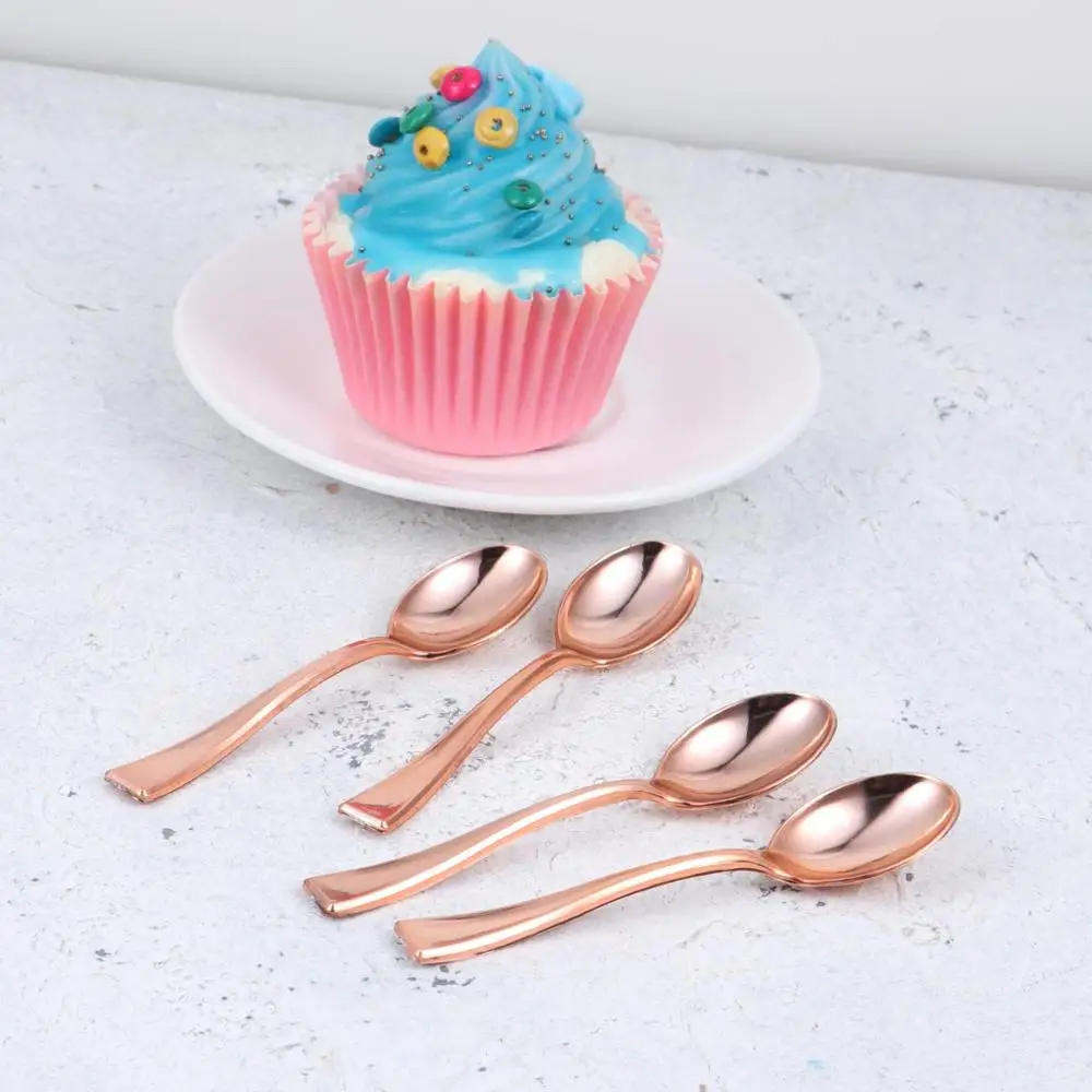 Пластиковые одноразовые мини розовое золото ложка 10 см Торт Tesating Десертные Ложки