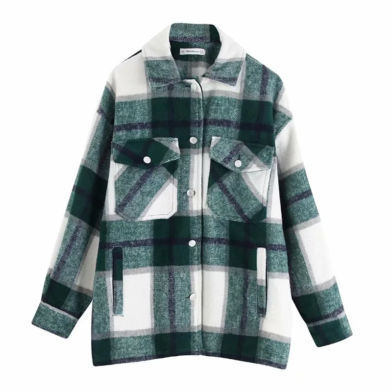 

Vintage Stylish Pockets Oversized Woolen Plaid Jacket Coat Women 2020 Fashion Lapel Collar Long Sleeve Loose Outerwear Chic Tops