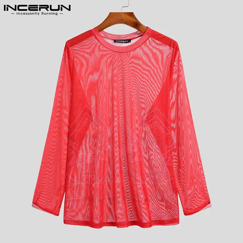 

INCERUN Tops 2021 Mens American Style Sexy Leisure Breathable Mesh Print Long-sleeved T-shirt Fashion Party Nightclub Tees S-5XL