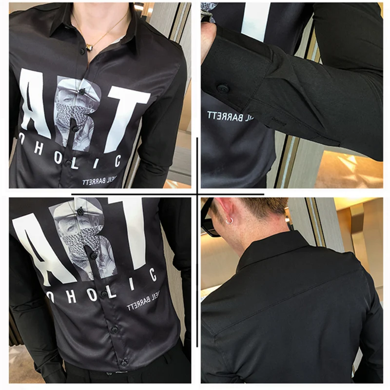 

2021 NEW Mens Long Sleeve Letter Printed Shirts For Men Slim Fit Korean Fashion Clothing Men Streetwear Casual Chemise V424