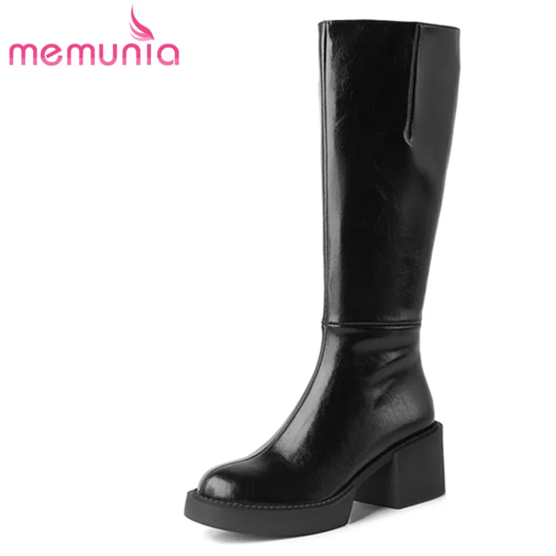 

MEMUNIA 2022 New Fashion Cow Leather Knee High Boots Women Round Toe Autumn Winter Casual Shoes Ladies Cowboy Platform Zip Boots