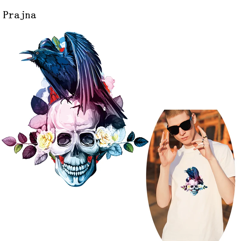 Prajna DIY Bird flower Heat Thermal Transfer Stickers Punk Skull Patches Iron On Transfers Applique Clothes Accessories | Дом и сад