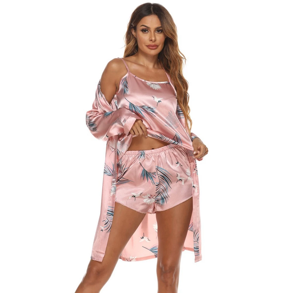 

3pcs/set Womens Pajamas Sets Floral Print Lingerie Satin Sleepwear Cami Shorts Rope Set Sexy Pj Nightgown Set VDEG1