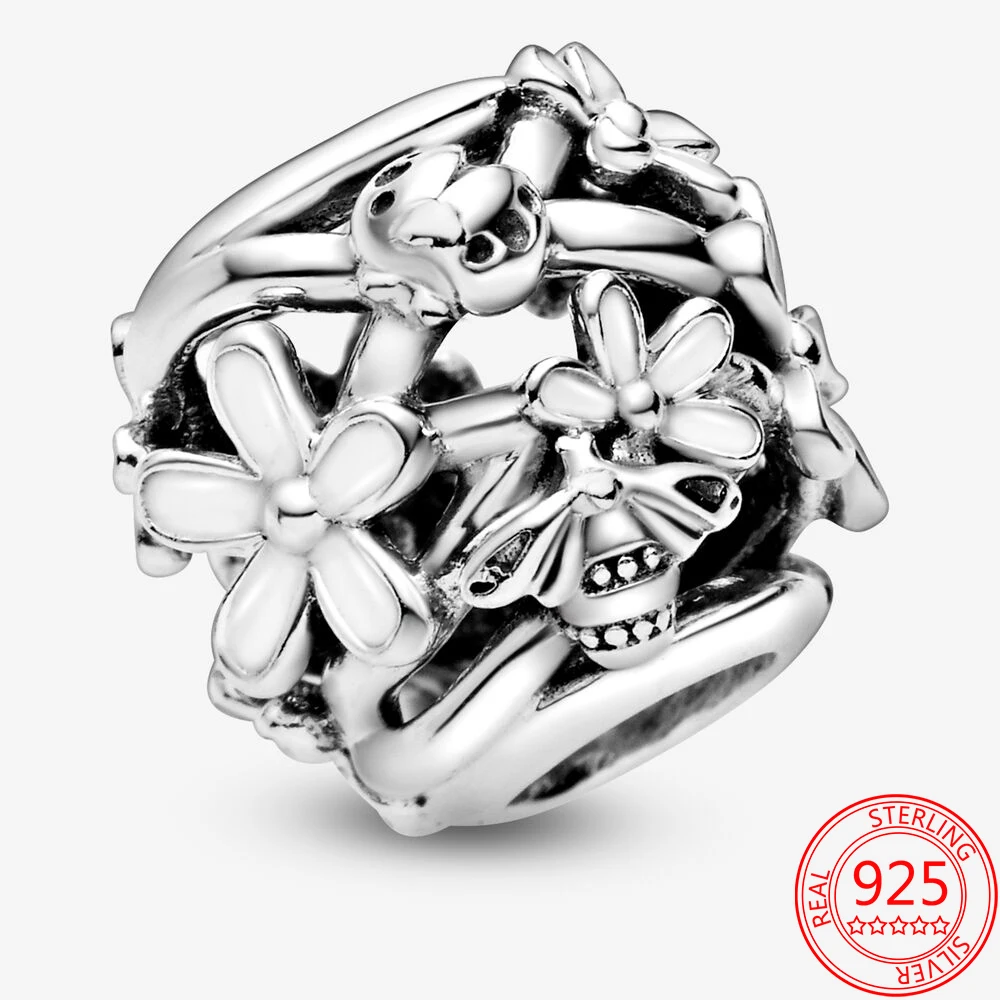 

100% 925 Sterling Silver Hollow White Daisy Floral Charms Fit Pandora Moments Bracelets Beaded Accessories