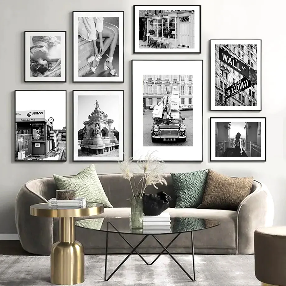 

Black White Fashion Woman Car Street View Wall Art Canvas Painting Nordic Posters And Prints Wall Pictures For Living Room Decor