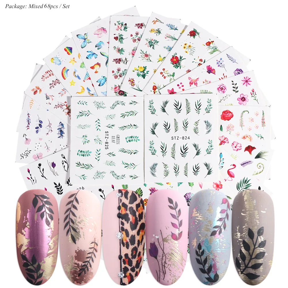 

68pcs Plant 3D Nail Art Stickers Ultra-Thin Flamingo Transparent Sticker Small Cute leopard print Nail Art Decorations DIY