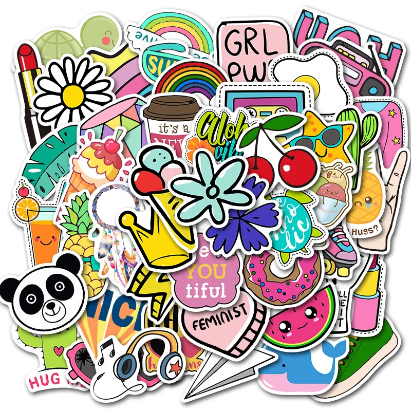 

50Pcs/lot New Simple Girl Cute Cartoon Vsco Sticker Waterproof for Laptop PC Luggage Guaitar Skateboard Bicycle Toy Stickers