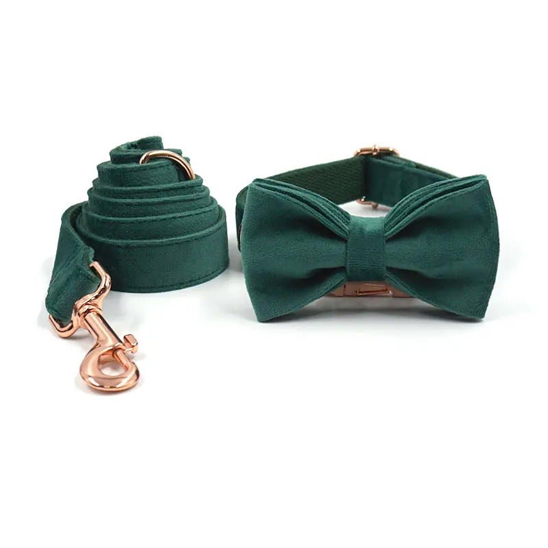 Christmas Green Velvet Dog Collar and Leash Set for Small Large Dogs Custom Engraving Rose Gold Buckle Pet Collar with Big Bow
