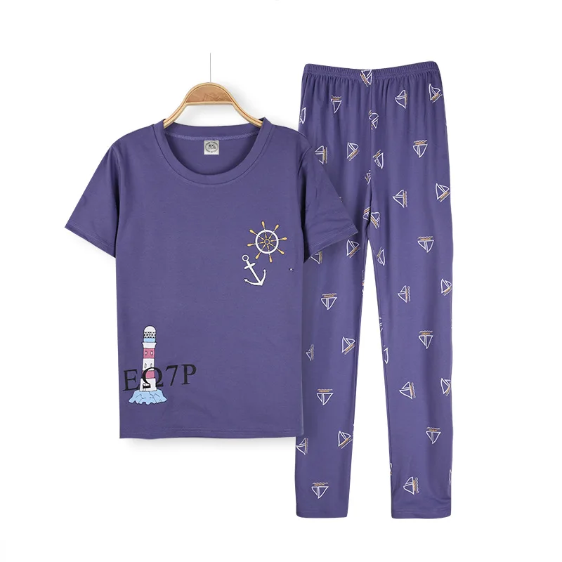 Couple Pajamas Sets Summer Cotton Short Sleeve Trousers Cartoon Women's Nightgown & Sleepstirts Thin Men's Large Size Home Wear