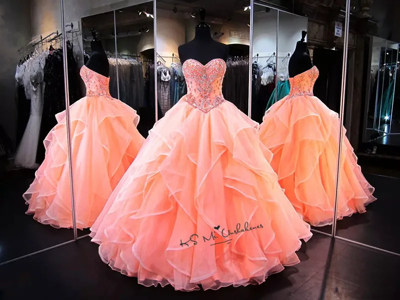 Vestidos de 15 Anos бальное платье из пышной органзы Бальные платья кристаллы дебютантное платье Коралловое Дешевое бальное платье