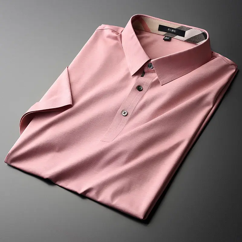 

Летняя Новая Элитная шелковая футболка с короткими рукавами, Мужская облегающая модная повседневная светильник Кая рубашка-поло из пласти...