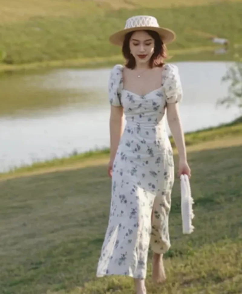 

Dress Spring Women / Summer 2021 New Dress Fashion Casual Sexy Floral Print Square Collar Puff Sleeve Split Midi Dress