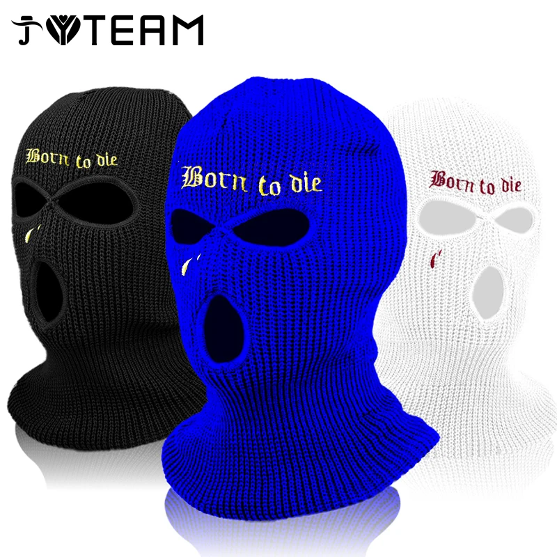 

New Fashion Embroidered Knit Ski Mask Winter Balaclava Hat 3-Hole Knitted Full Face Cover Ski Neck Gaiter Warm Knit Beanie