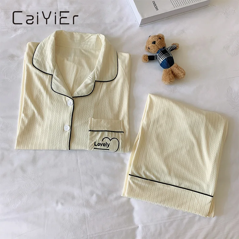 

CAIYIER Summer Women's Plain Pajamas Set Casual Sleepwear Cotton Lapel Short Sleeve Nightgown Sweet Girls Pajamas Homewear Suit