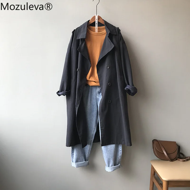 

Mozuleva Eva 2020 Autumn Loose Solid Lapel Full Middle Long Coat Windbreaker Women Cotton England Styl Trench Coat Female