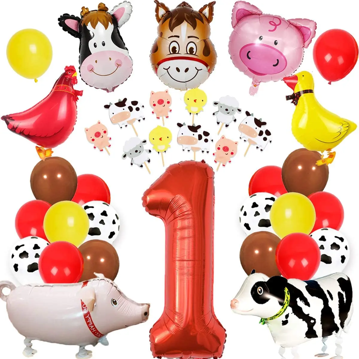 

Farm Animal 1st Birthday Party Decorations with Cake Toppers Animal Walking Foil Balloons for Boys Girls First Birthday Supplies